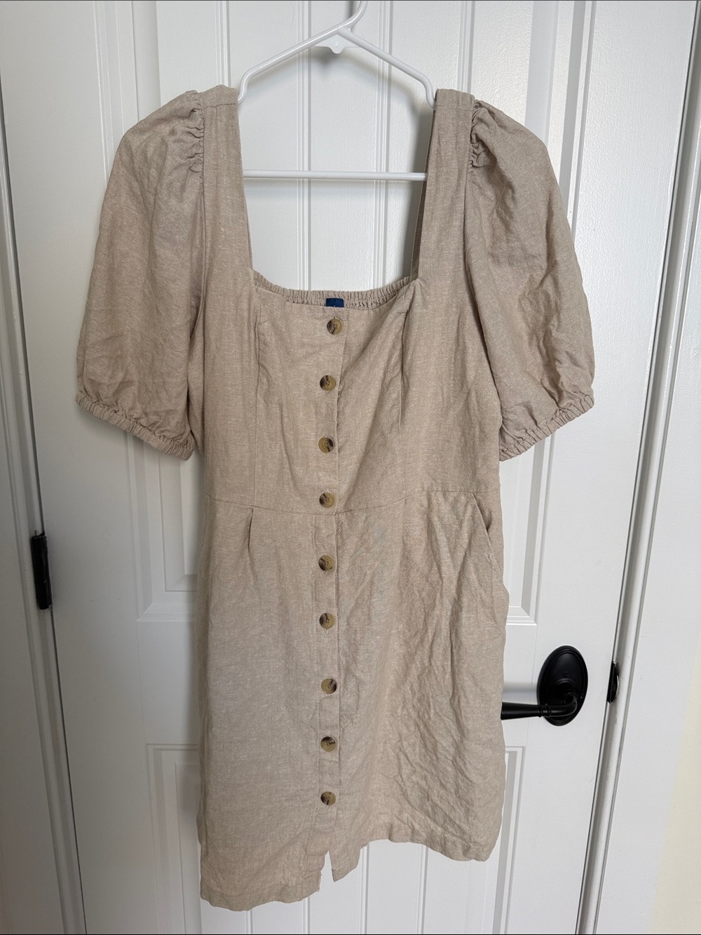 Old Navy Beige Puff-Sleeve Button-Front Mini Dress